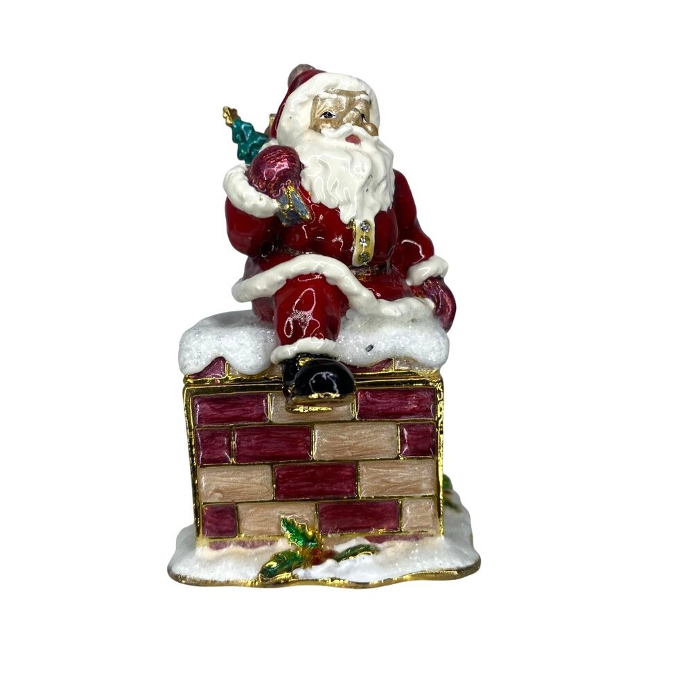 Enameled Bejeweled Santa on Chimney Jewelry Trinket Box collectable - Picture 4 of 11